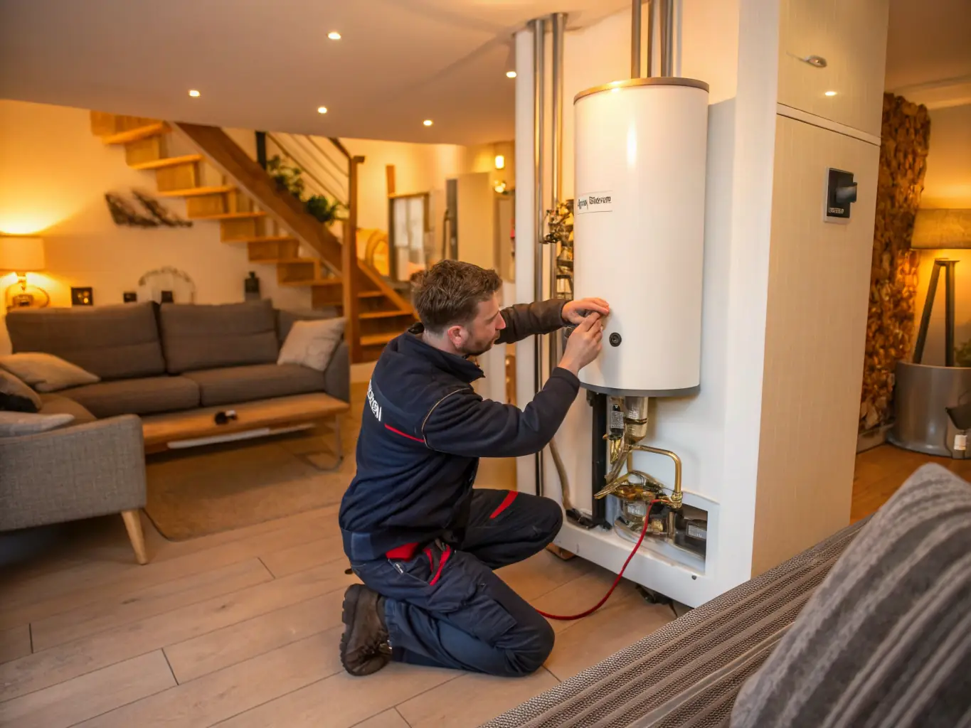 A technician installing a central heating system in a home, representing MRPH Ltd's central heating installation services.