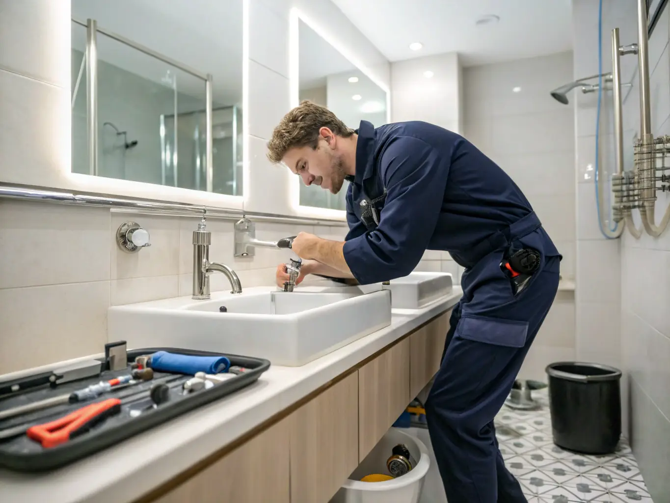 A plumber performing routine maintenance on plumbing fixtures, highlighting MRPH Ltd's routine maintenance services.