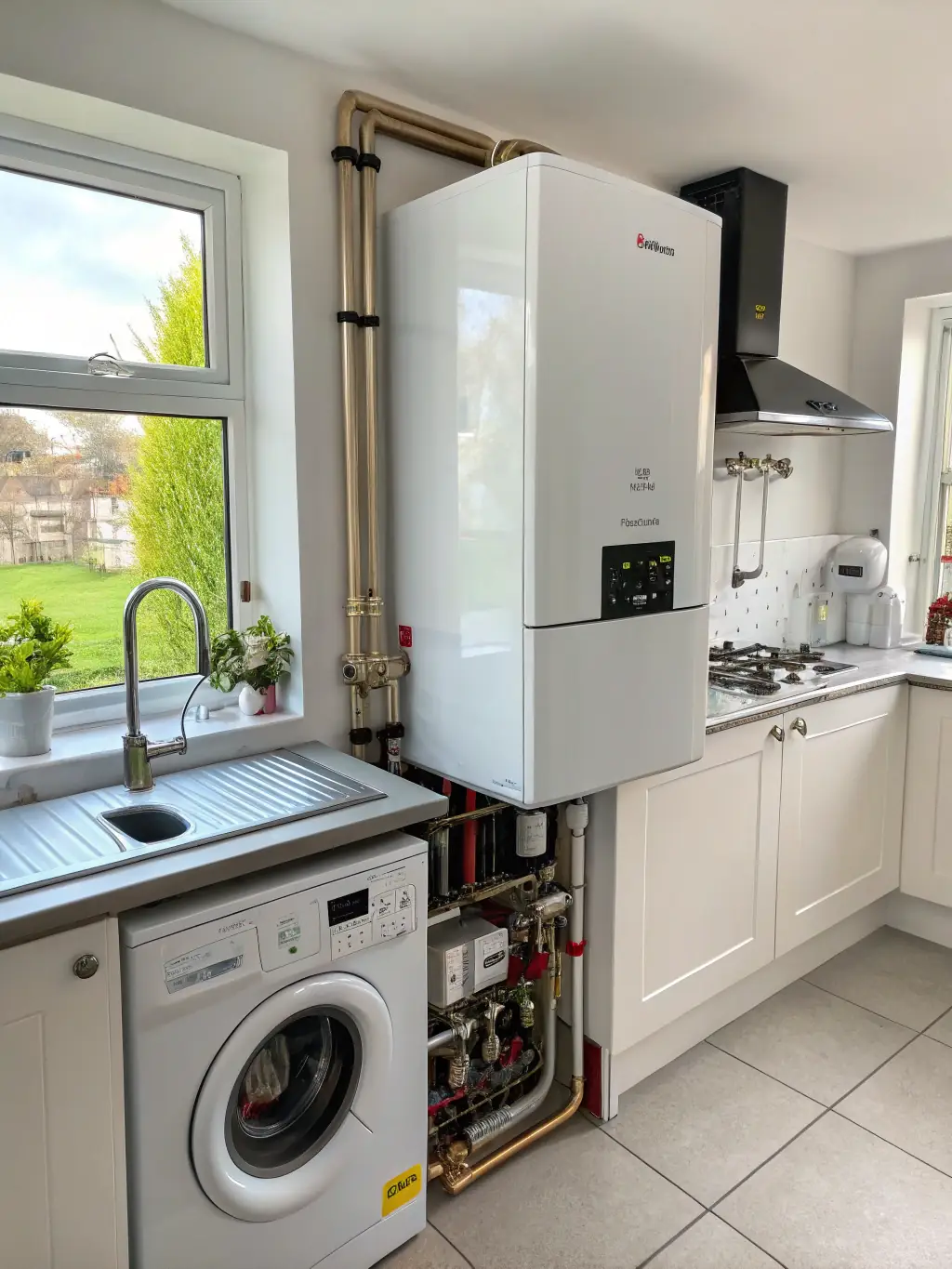 A modern combi boiler installed in a home, representing MRPH Ltd's central heating installation services.