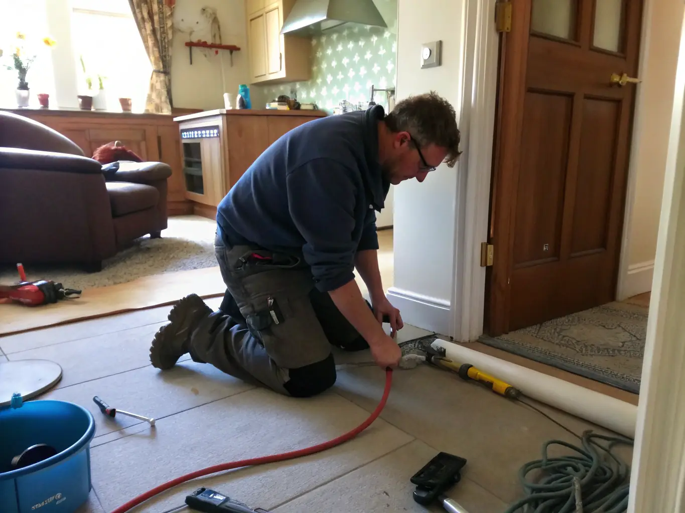A plumber fixing a burst pipe in a residential setting, showcasing MRPH Ltd's emergency plumbing services.